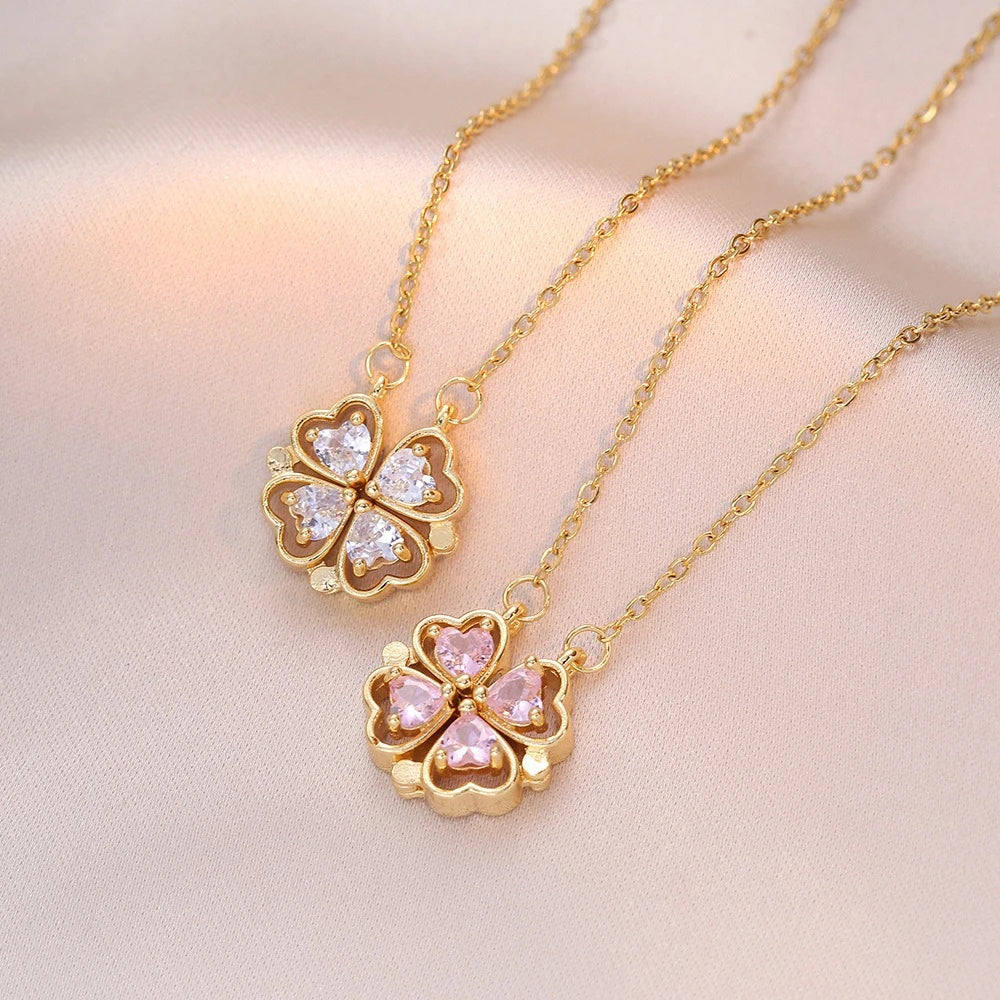 Fashion Retro Lucky Four Leaf Clover Women Necklace Gothic Love Heart Pendant Choke Chain Necklace Stainless Steel Jewelry Gift