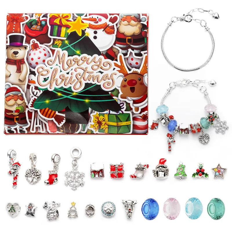 Christmas Advent Calendar Girl Bracelet 24 Days of Xmas Countdown Calendar Surprise DIY Creative Jewelry Charm Making Kit