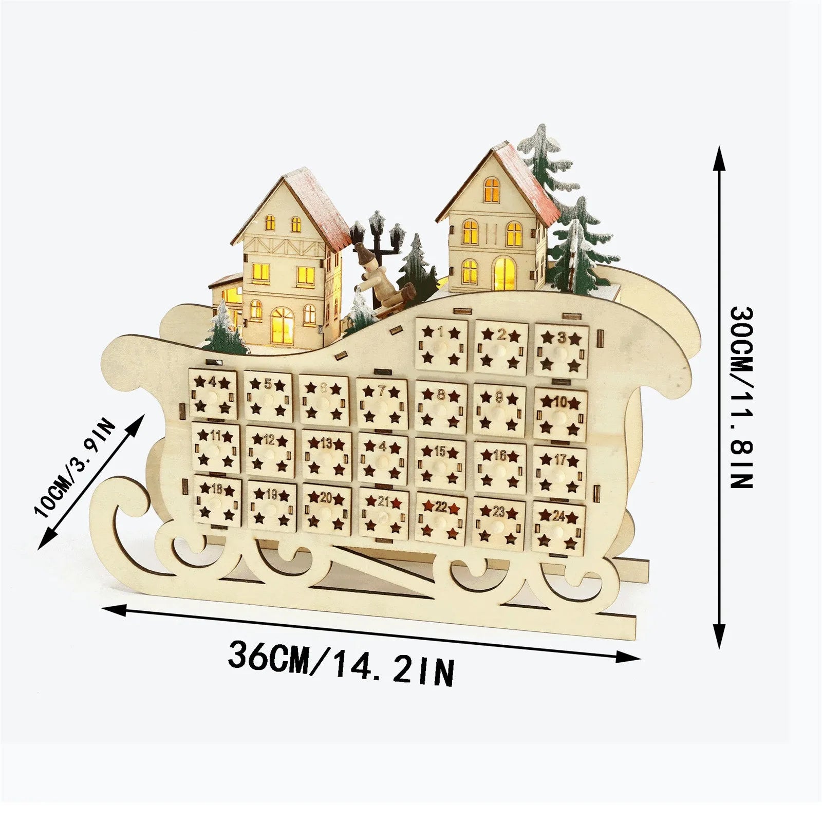 Christmas Advent Calendar Wooden Sled Calendar LED Creative Xmas Decorations Accessories Practical Household Interior Ornaments