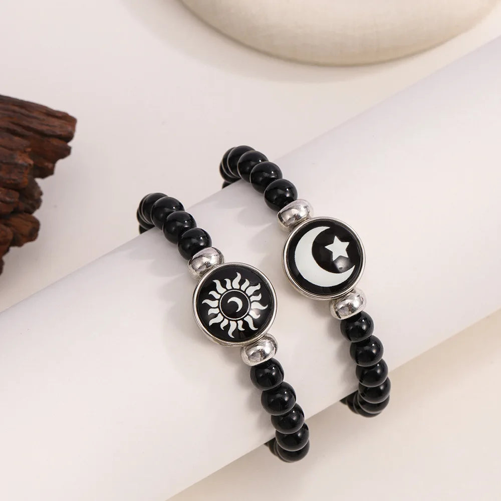 Classic Luminous Sun Moon Couple Bracelets for Women Handmade Black Beaded Matching Bracelets Charm Friendship Jewelry Gifts