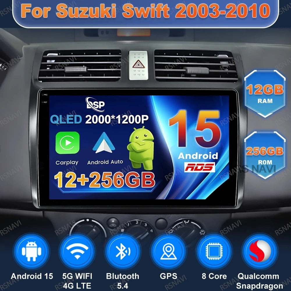 Android 15 Car Radio For Suzuki Swift 2003-2010 Multimedia Head Unit Autoradio DSP Viedo Player BT DVD 5G WIFI GPS 4G LTE QLED