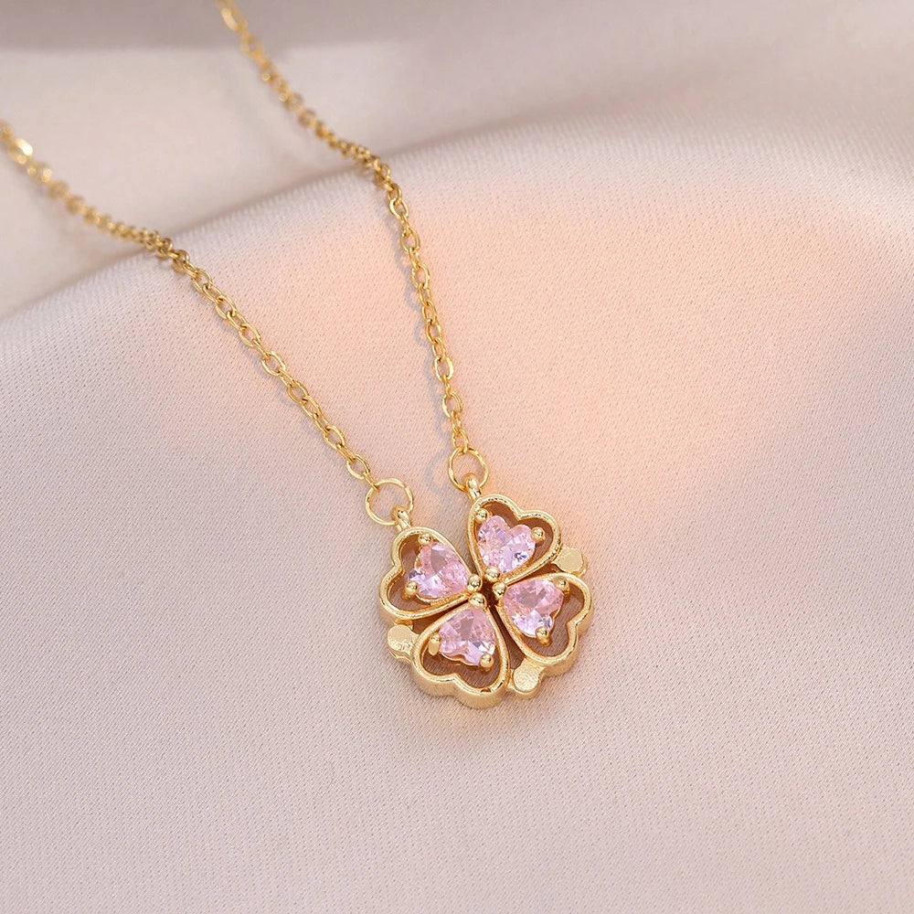 Fashion Retro Lucky Four Leaf Clover Women Necklace Gothic Love Heart Pendant Choke Chain Necklace Stainless Steel Jewelry Gift