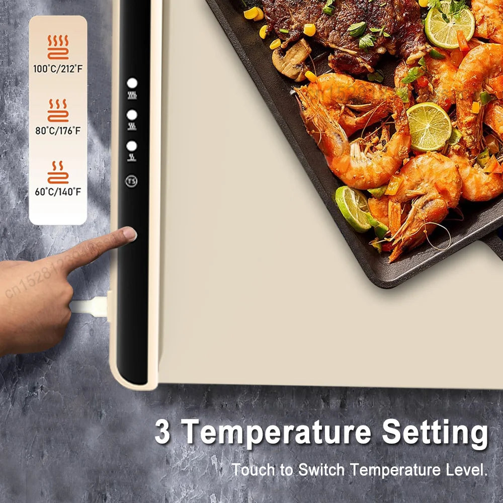 Electric Warming Tray Food Warm Plate with 3 Temperature Fast Full Surface Heating Mat Keep Food Hot Foldable Electric Warm Tray