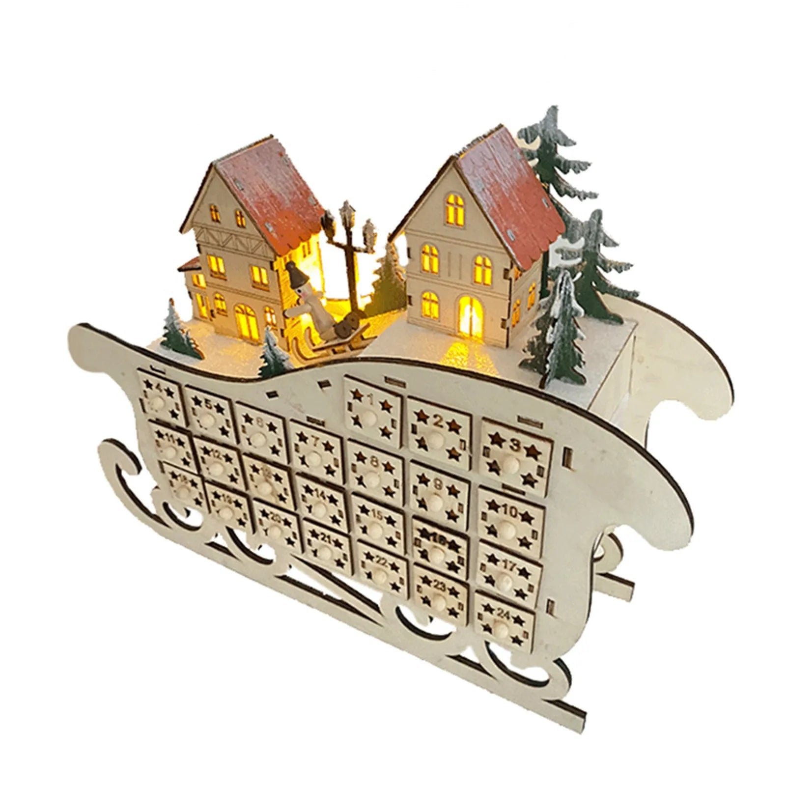 Christmas Advent Calendar Wooden Sled Calendar LED Creative Xmas Decorations Accessories Practical Household Interior Ornaments