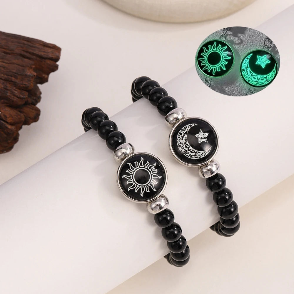 Classic Luminous Sun Moon Couple Bracelets for Women Handmade Black Beaded Matching Bracelets Charm Friendship Jewelry Gifts