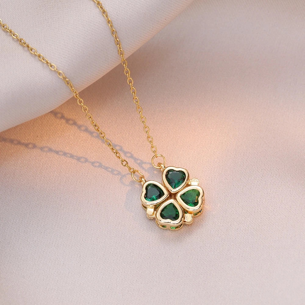 Fashion Retro Lucky Four Leaf Clover Women Necklace Gothic Love Heart Pendant Choke Chain Necklace Stainless Steel Jewelry Gift