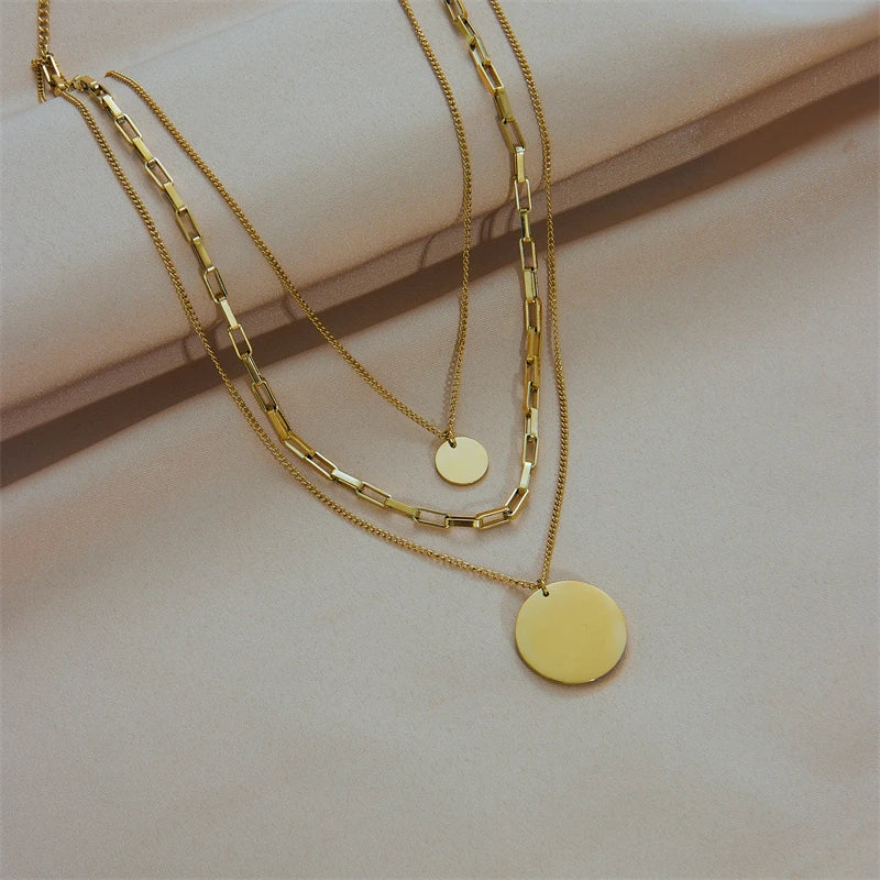 DIEYURO 316L Stainless Steel Gold Color 3in1 Round Pendant Necklace For Women Fashion Girls Multilayer Chain Neck Jewelry Gift