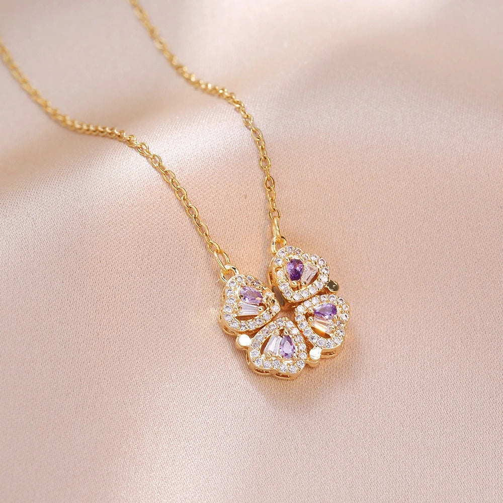 Fashion Retro Lucky Four Leaf Clover Women Necklace Gothic Love Heart Pendant Choke Chain Necklace Stainless Steel Jewelry Gift