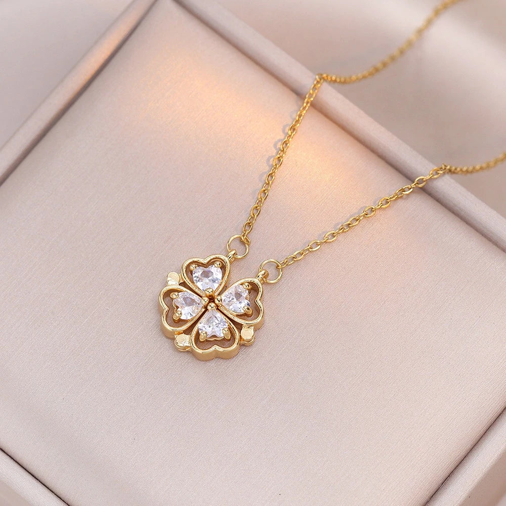 Fashion Retro Lucky Four Leaf Clover Women Necklace Gothic Love Heart Pendant Choke Chain Necklace Stainless Steel Jewelry Gift
