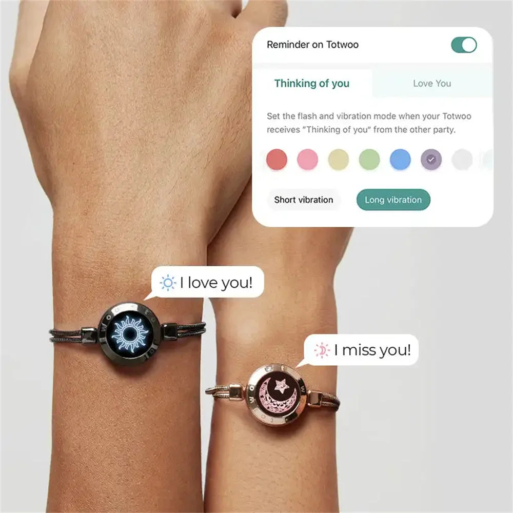 Long Distance touch Light up&Vibrate Bracelets for Couples, Long Distance Relationship Gifts Smart Sun&Moon Love Bracelet