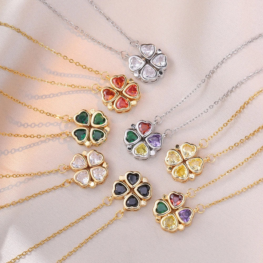 Fashion Retro Lucky Four Leaf Clover Women Necklace Gothic Love Heart Pendant Choke Chain Necklace Stainless Steel Jewelry Gift