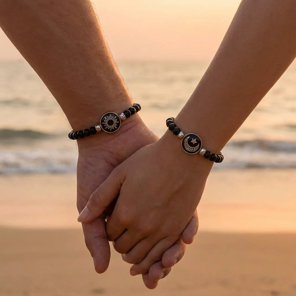 Classic Luminous Sun Moon Couple Bracelets for Women Handmade Black Beaded Matching Bracelets Charm Friendship Jewelry Gifts