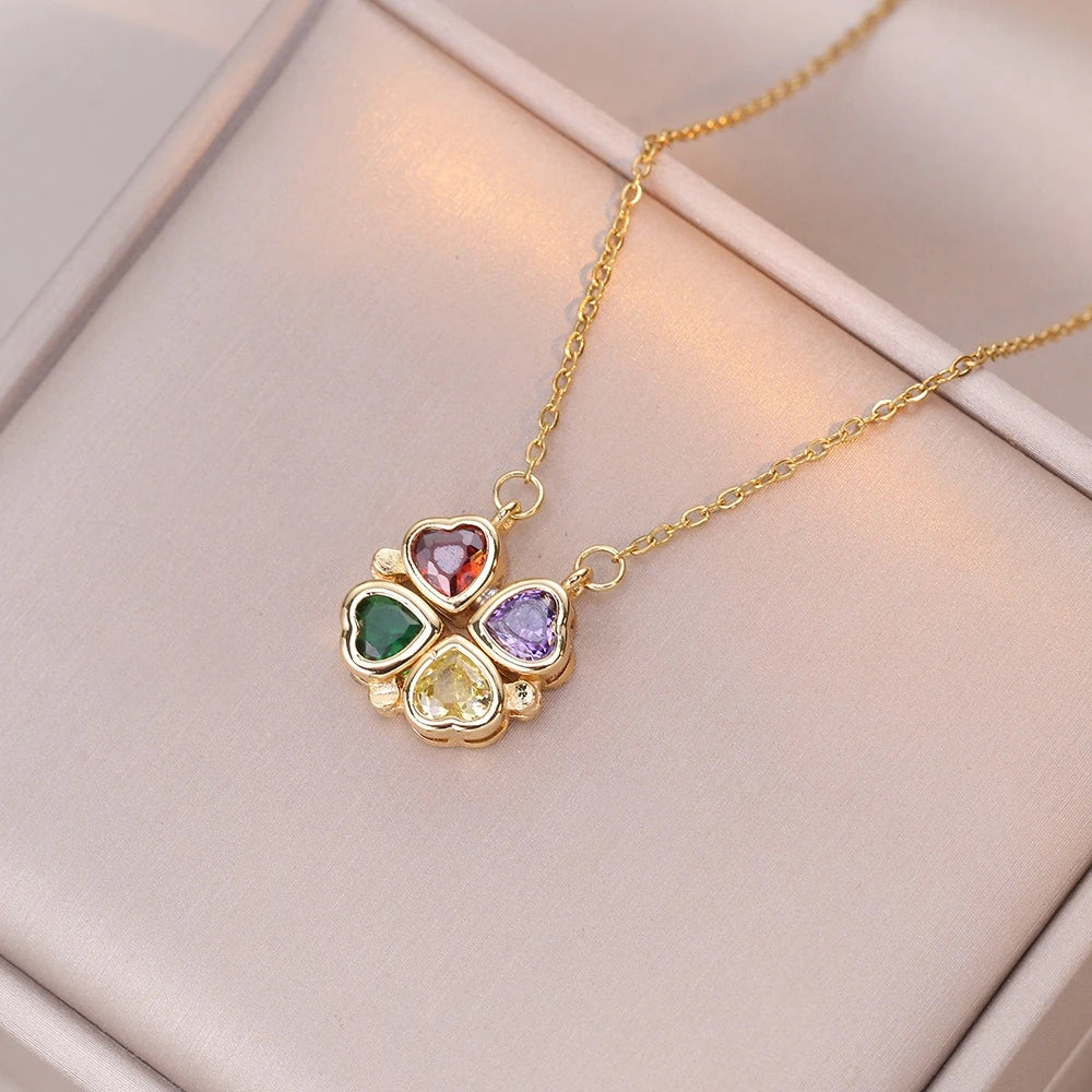 Fashion Retro Lucky Four Leaf Clover Women Necklace Gothic Love Heart Pendant Choke Chain Necklace Stainless Steel Jewelry Gift