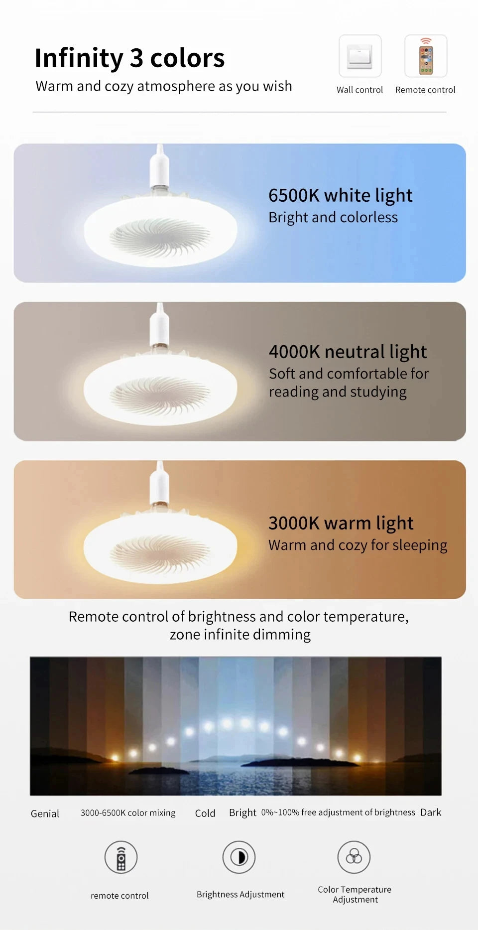 Energy-Saving Remote Control LED Ceiling Fan Lamp 85-265V for Living Room Bedroom Bottom Noise Mute E27 Base 2 In 1fans Light