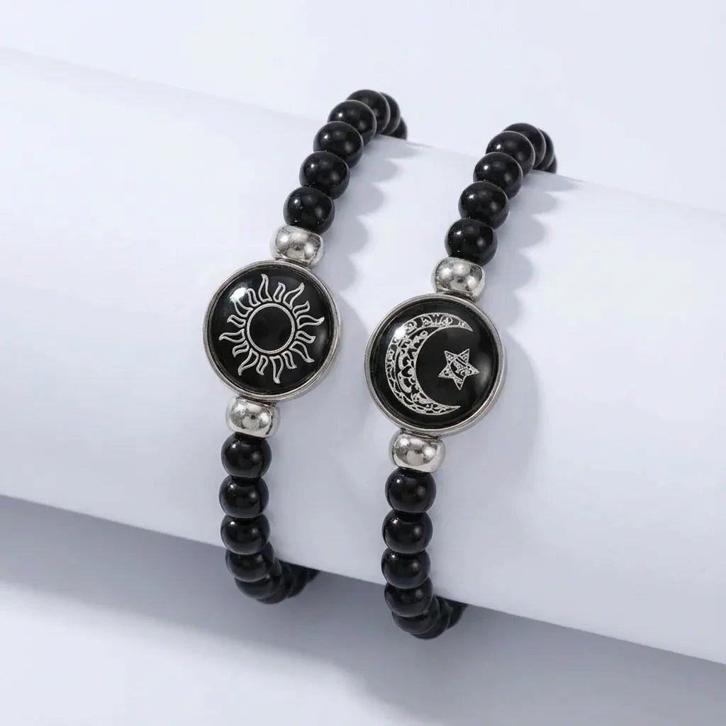 Classic Luminous Sun Moon Couple Bracelets for Women Handmade Black Beaded Matching Bracelets Charm Friendship Jewelry Gifts