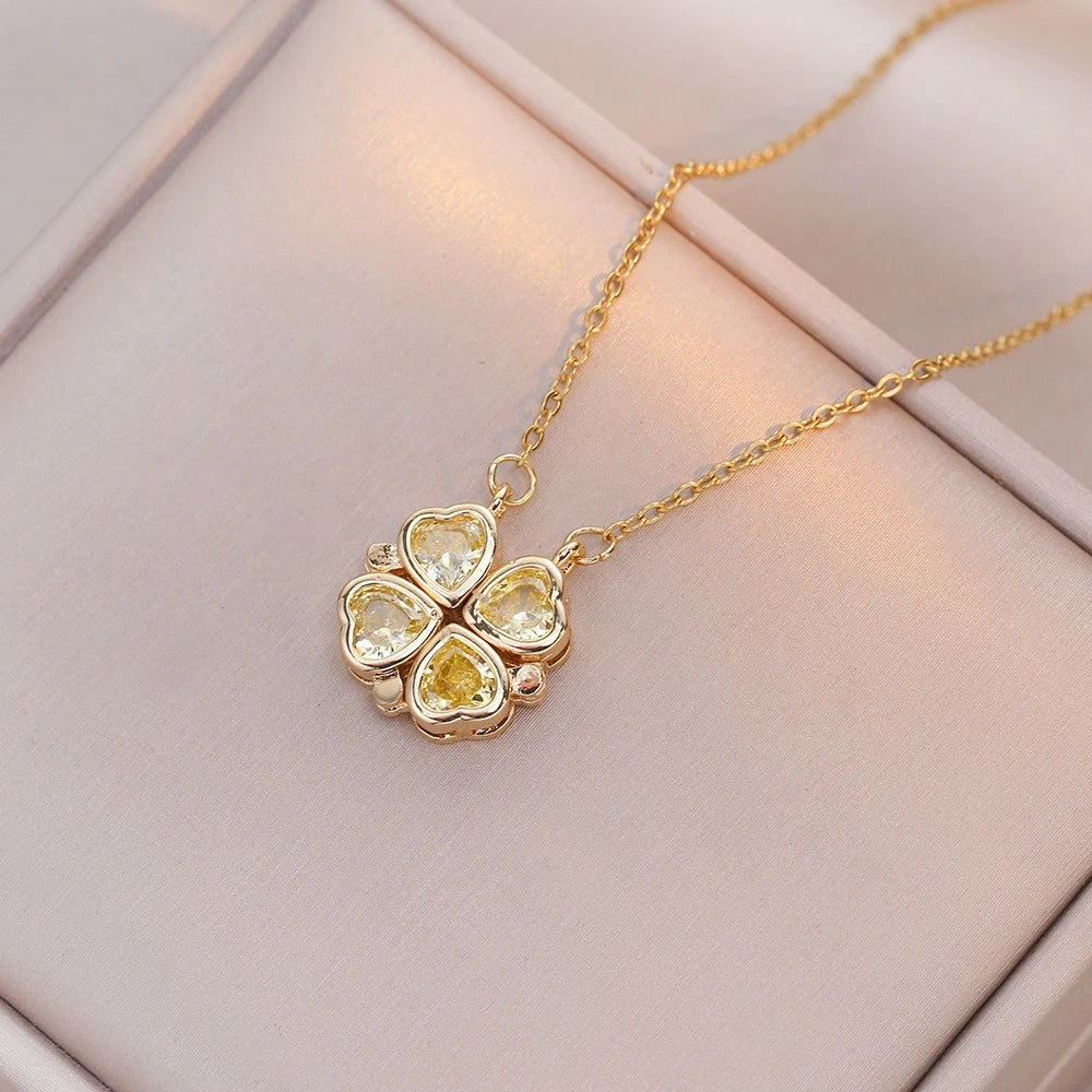 Fashion Retro Lucky Four Leaf Clover Women Necklace Gothic Love Heart Pendant Choke Chain Necklace Stainless Steel Jewelry Gift