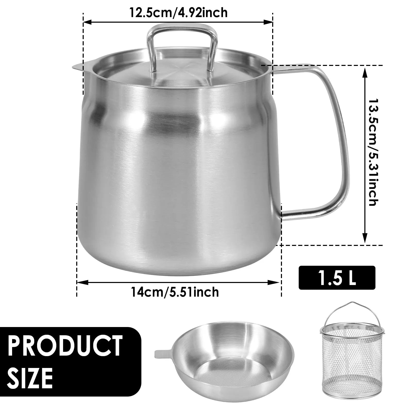 2/1.5L Oil Filter Fry Basket Oil Storage Can Pot Stainless Steel Oil Strainer Pot with Fine Mesh Strainer Grease Container Kitch