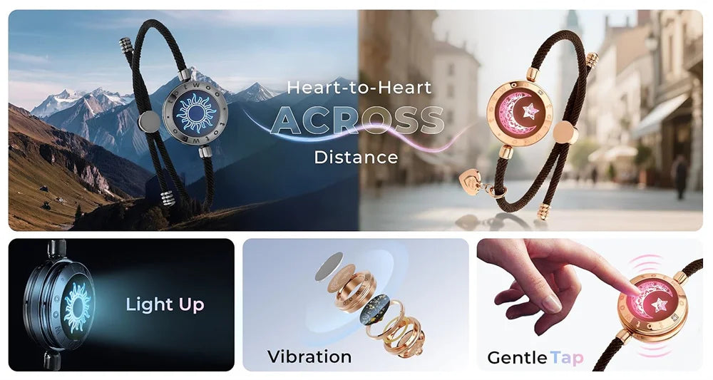 Long Distance touch Light up&Vibrate Bracelets for Couples, Long Distance Relationship Gifts Smart Sun&Moon Love Bracelet