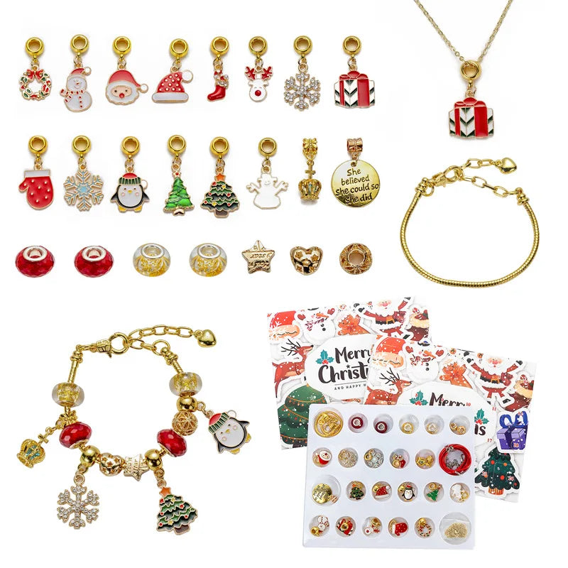 Christmas Advent Calendar Girl Bracelet 24 Days of Xmas Countdown Calendar Surprise DIY Creative Jewelry Charm Making Kit