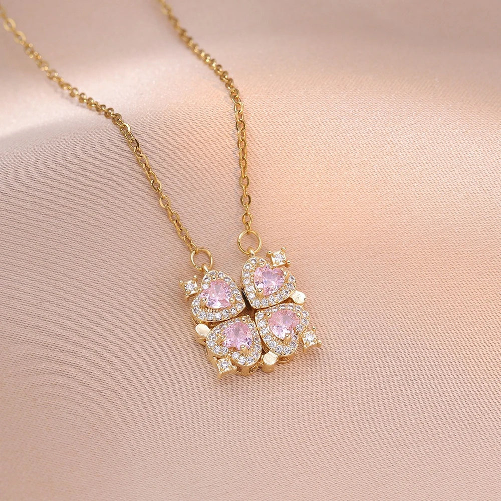 Fashion Retro Lucky Four Leaf Clover Women Necklace Gothic Love Heart Pendant Choke Chain Necklace Stainless Steel Jewelry Gift