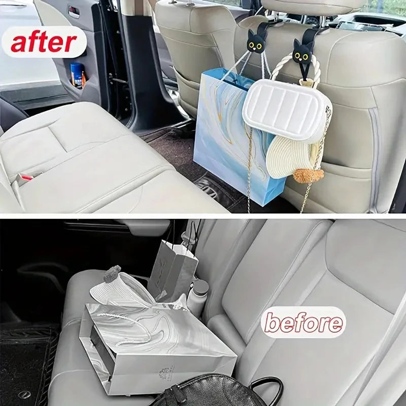 2pcs Adorable 3D Cartoon Cat Car Seat Headrest Hooks - Universal Vehicle Storage Organizer for Handbags, Purses, Coats - Cute Ca