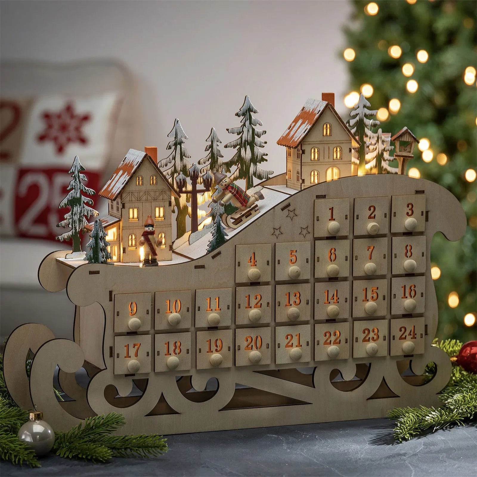 Christmas Advent Calendar Wooden Sled Calendar LED Creative Xmas Decorations Accessories Practical Household Interior Ornaments