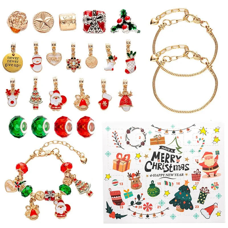 Christmas Advent Calendar Girl Bracelet 24 Days of Xmas Countdown Calendar Surprise DIY Creative Jewelry Charm Making Kit