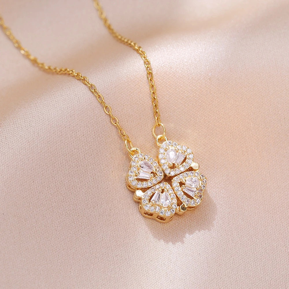 Fashion Retro Lucky Four Leaf Clover Women Necklace Gothic Love Heart Pendant Choke Chain Necklace Stainless Steel Jewelry Gift