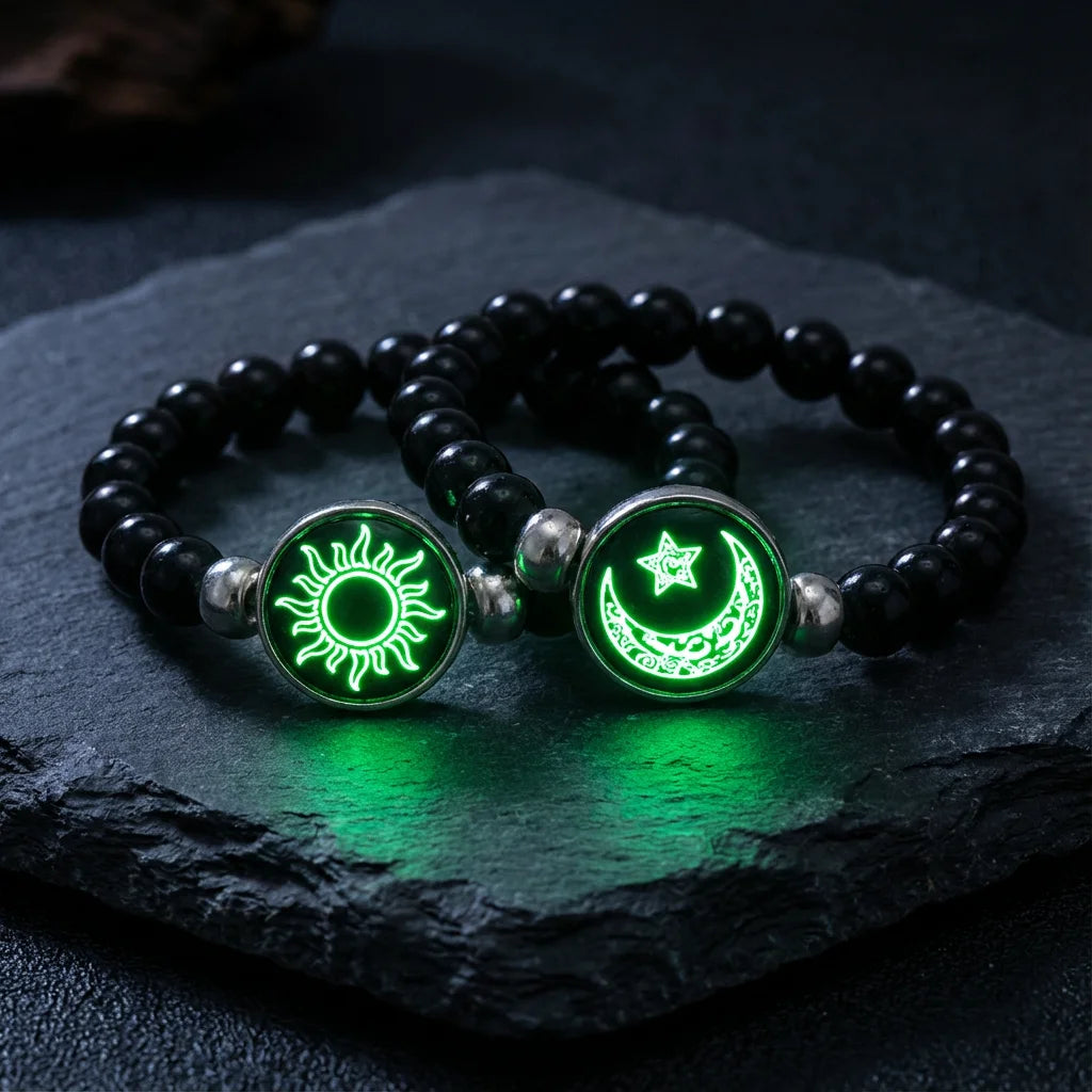 Classic Luminous Sun Moon Couple Bracelets for Women Handmade Black Beaded Matching Bracelets Charm Friendship Jewelry Gifts