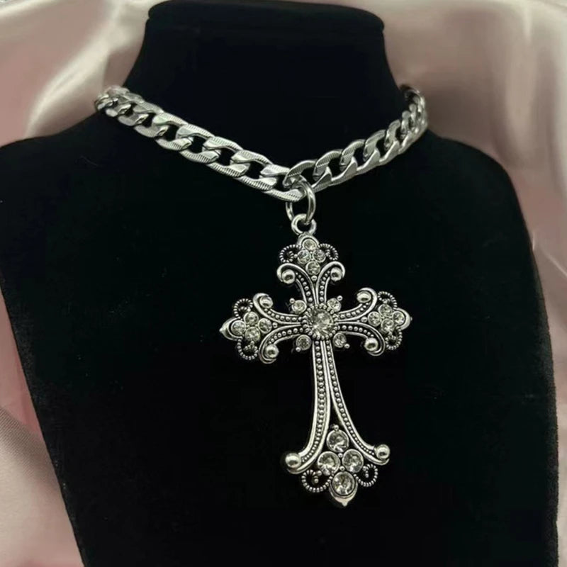 Large Detailed Cross Drill Pendant Necklace Silver Color Tone Gothic Punk Jewellery Fashion Charm Statement Women Girls Gift