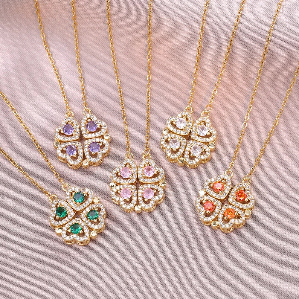 Fashion Retro Lucky Four Leaf Clover Women Necklace Gothic Love Heart Pendant Choke Chain Necklace Stainless Steel Jewelry Gift