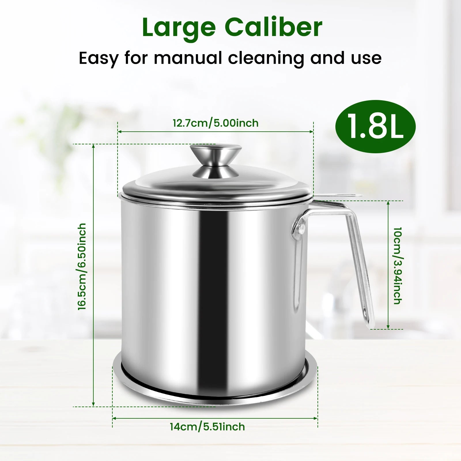 2/1.5L Oil Filter Fry Basket Oil Storage Can Pot Stainless Steel Oil Strainer Pot with Fine Mesh Strainer Grease Container Kitch