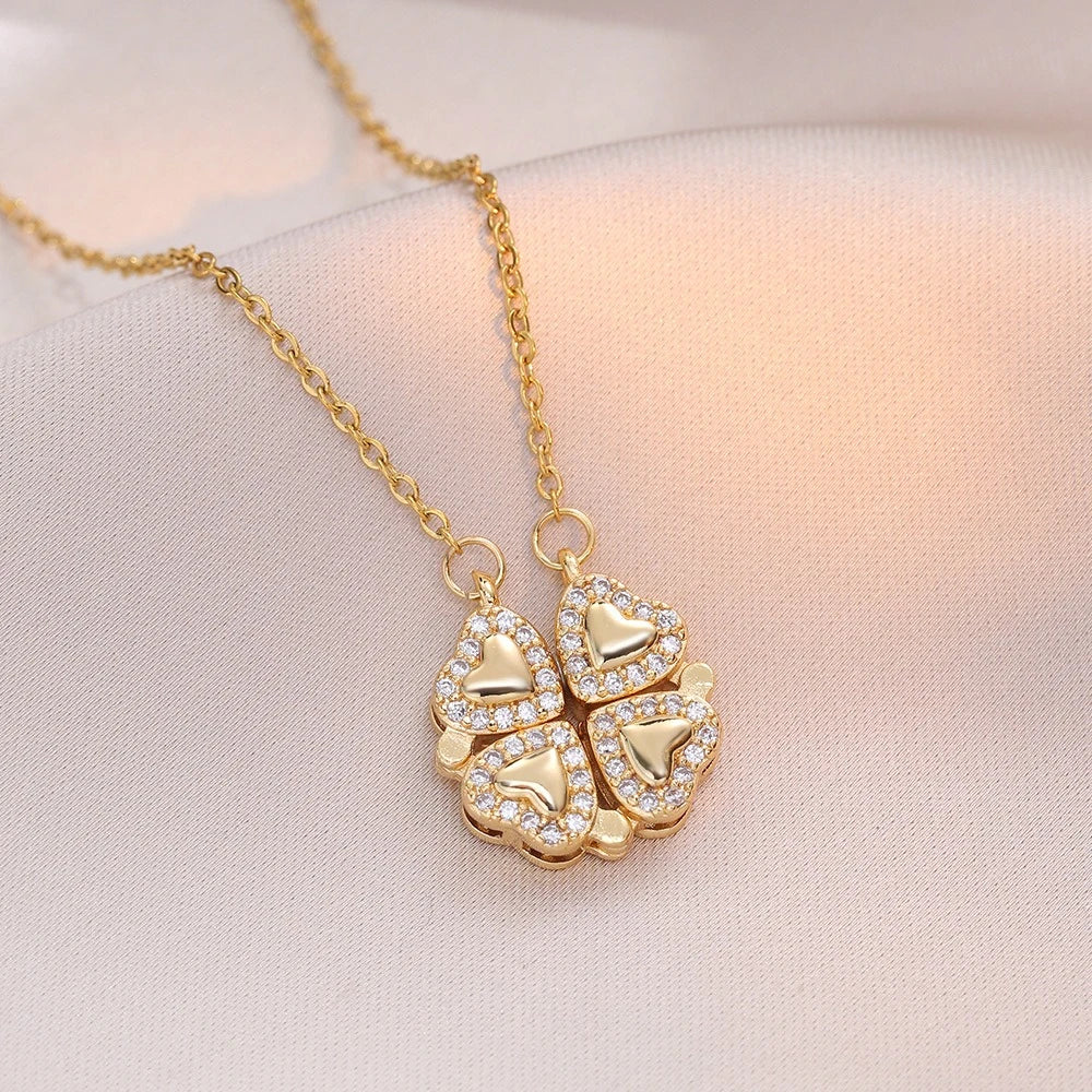 Fashion Retro Lucky Four Leaf Clover Women Necklace Gothic Love Heart Pendant Choke Chain Necklace Stainless Steel Jewelry Gift