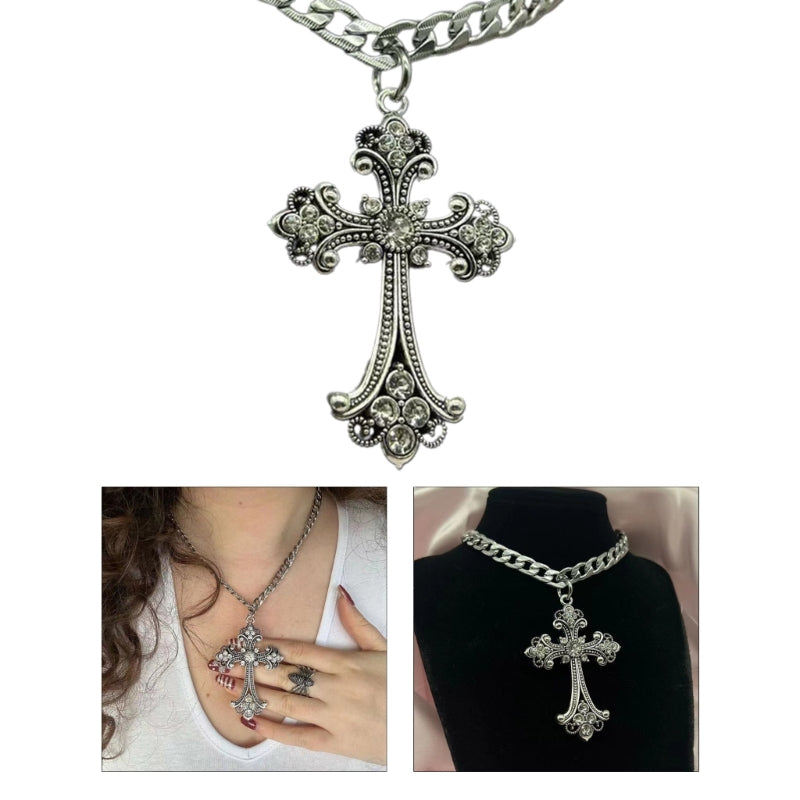 Large Detailed Cross Drill Pendant Necklace Silver Color Tone Gothic Punk Jewellery Fashion Charm Statement Women Girls Gift