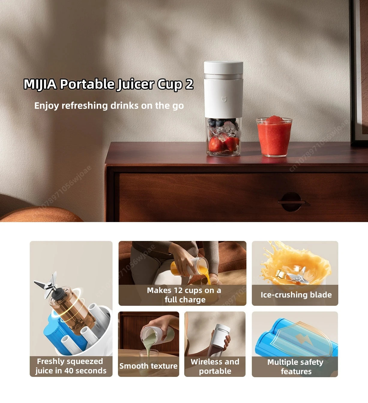Mijia Portable Juicer 2 Fruit Automatic Juicer Type-C Charging Automatic Rinse Household 300ML Capacity Juicer
