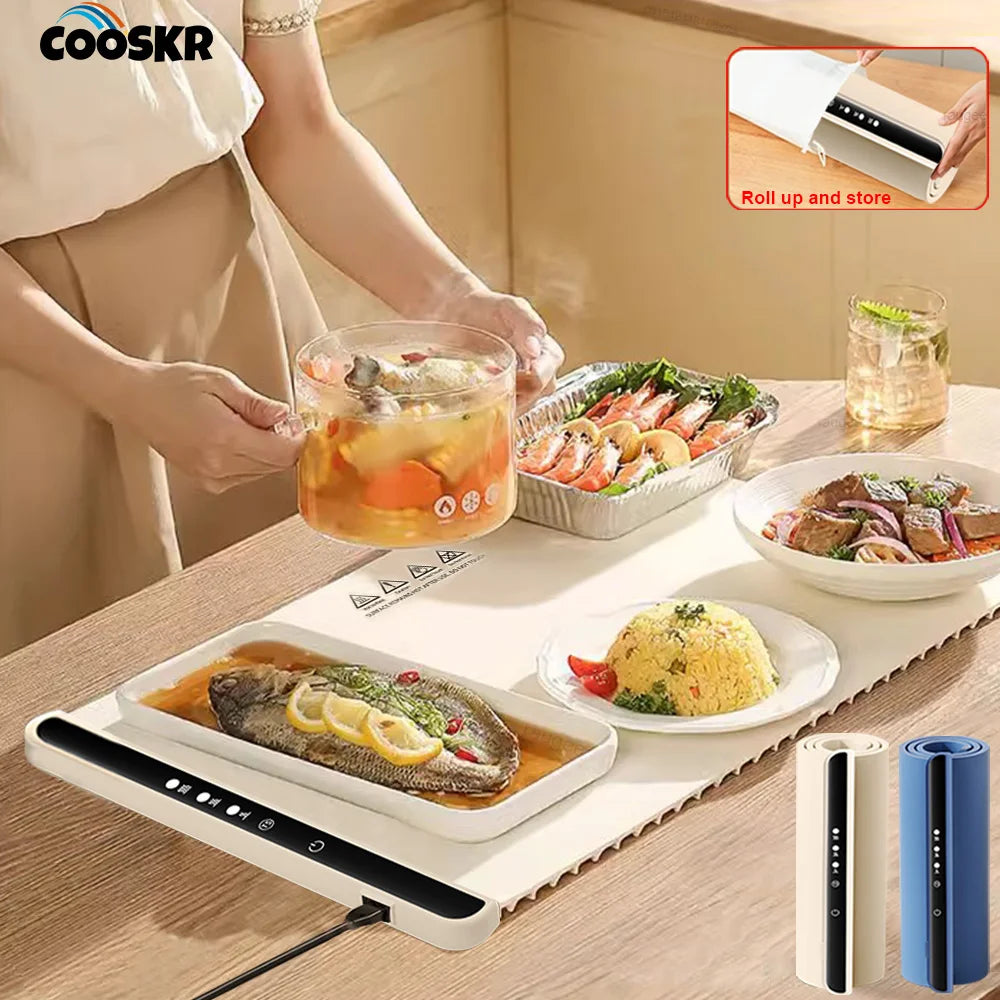 Electric Warming Tray Food Warm Plate with 3 Temperature Fast Full Surface Heating Mat Keep Food Hot Foldable Electric Warm Tray