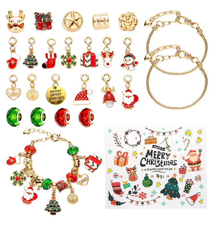 Christmas Advent Calendar Girl Bracelet 24 Days of Xmas Countdown Calendar Surprise DIY Creative Jewelry Charm Making Kit