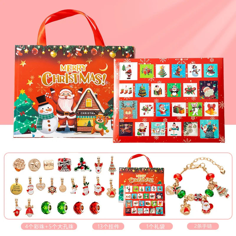 Christmas Advent Calendar Girl Bracelet 24 Days of Xmas Countdown Calendar Surprise DIY Creative Jewelry Charm Making Kit