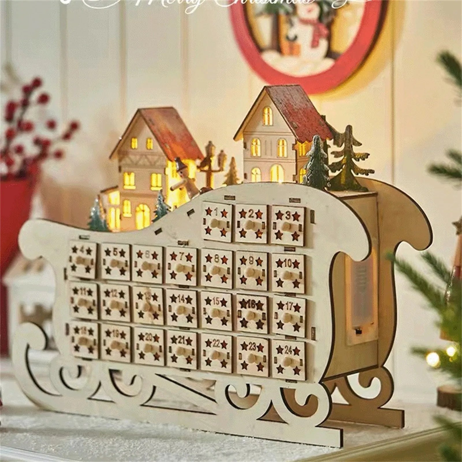 Christmas Advent Calendar Wooden Sled Calendar LED Creative Xmas Decorations Accessories Practical Household Interior Ornaments