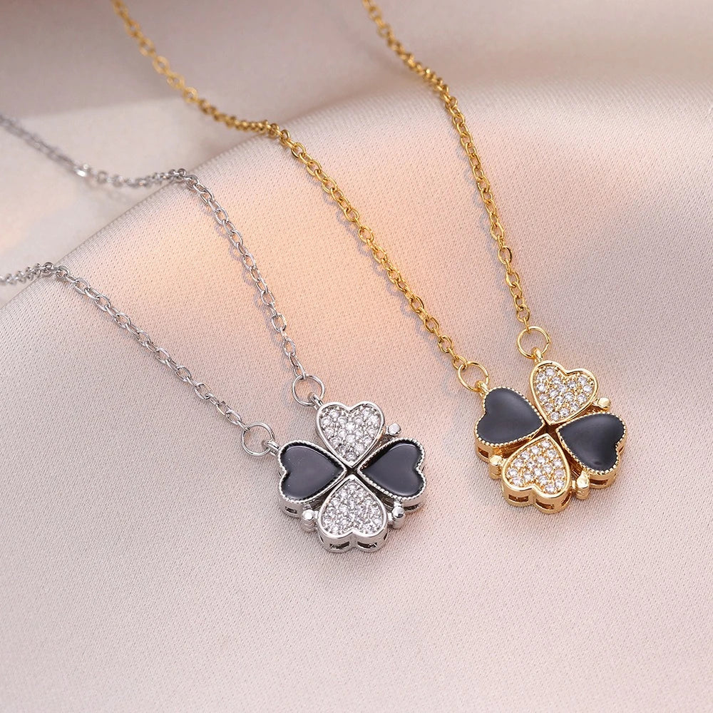 Fashion Retro Lucky Four Leaf Clover Women Necklace Gothic Love Heart Pendant Choke Chain Necklace Stainless Steel Jewelry Gift