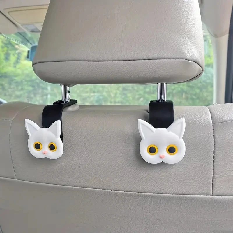 2pcs Adorable 3D Cartoon Cat Car Seat Headrest Hooks - Universal Vehicle Storage Organizer for Handbags, Purses, Coats - Cute Ca