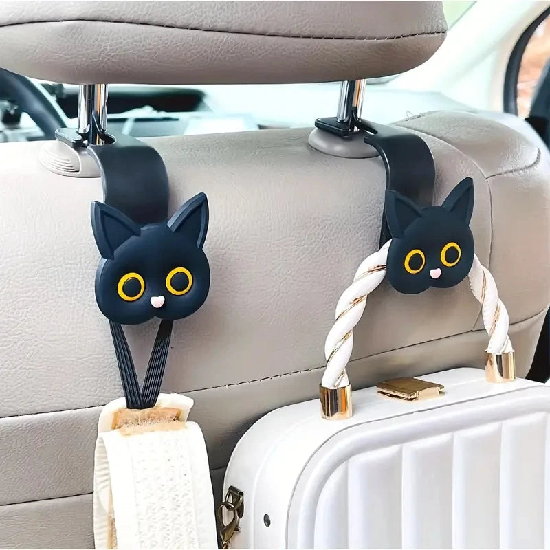 2pcs Adorable 3D Cartoon Cat Car Seat Headrest Hooks - Universal Vehicle Storage Organizer for Handbags, Purses, Coats - Cute Ca