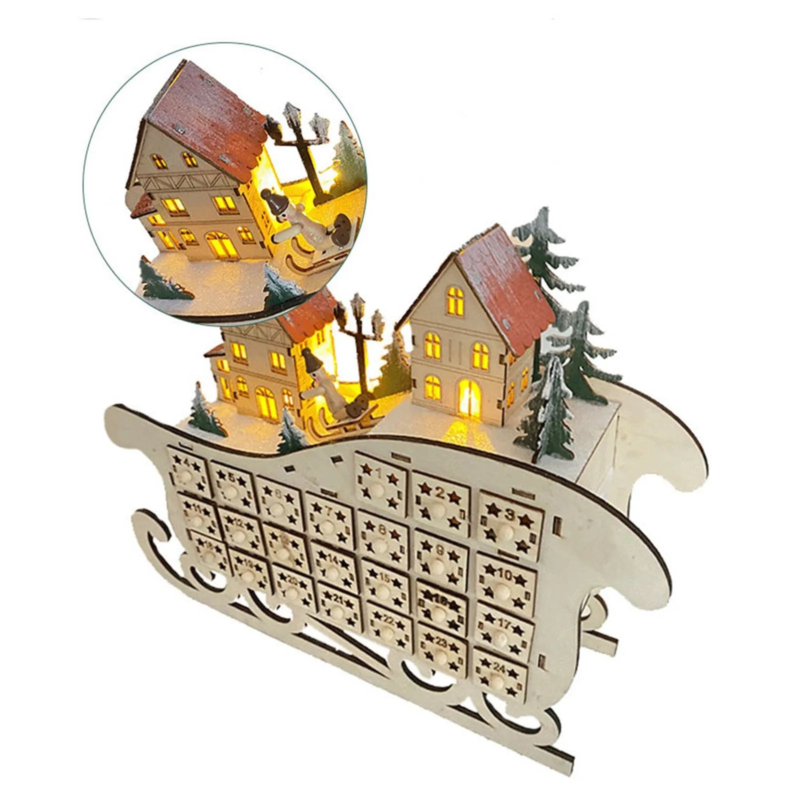 Christmas Advent Calendar Wooden Sled Calendar LED Creative Xmas Decorations Accessories Practical Household Interior Ornaments