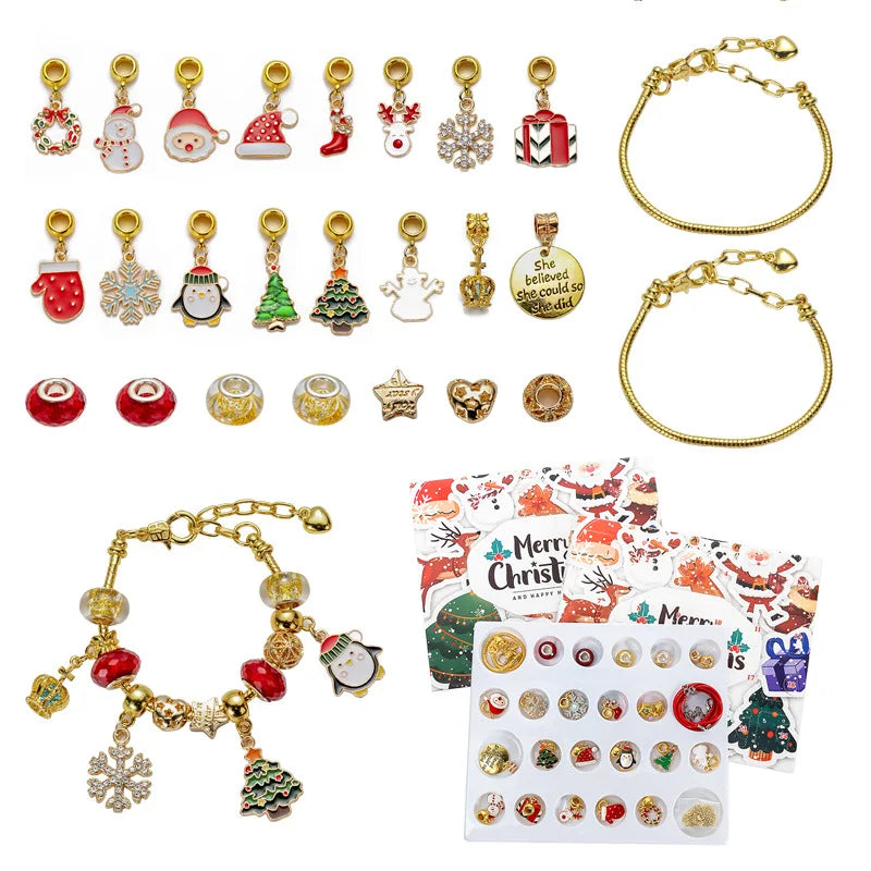 Christmas Advent Calendar Girl Bracelet 24 Days of Xmas Countdown Calendar Surprise DIY Creative Jewelry Charm Making Kit
