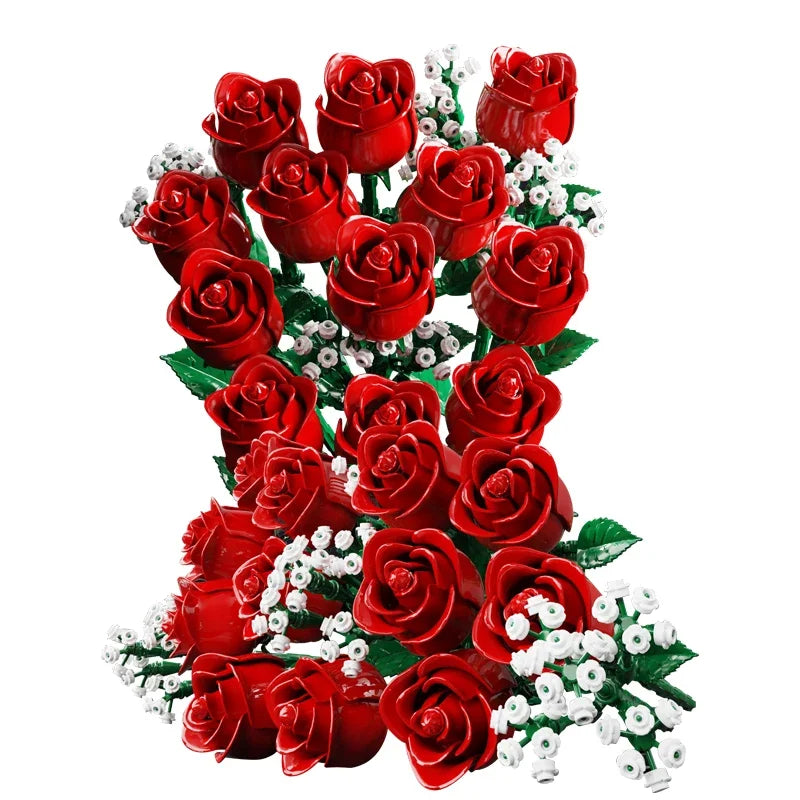 Home Decoration Romantic Rose Flower Bouquet Building Blocks Creative Assemble Bricks Toys Gifts for Lovers Anniversary Girls