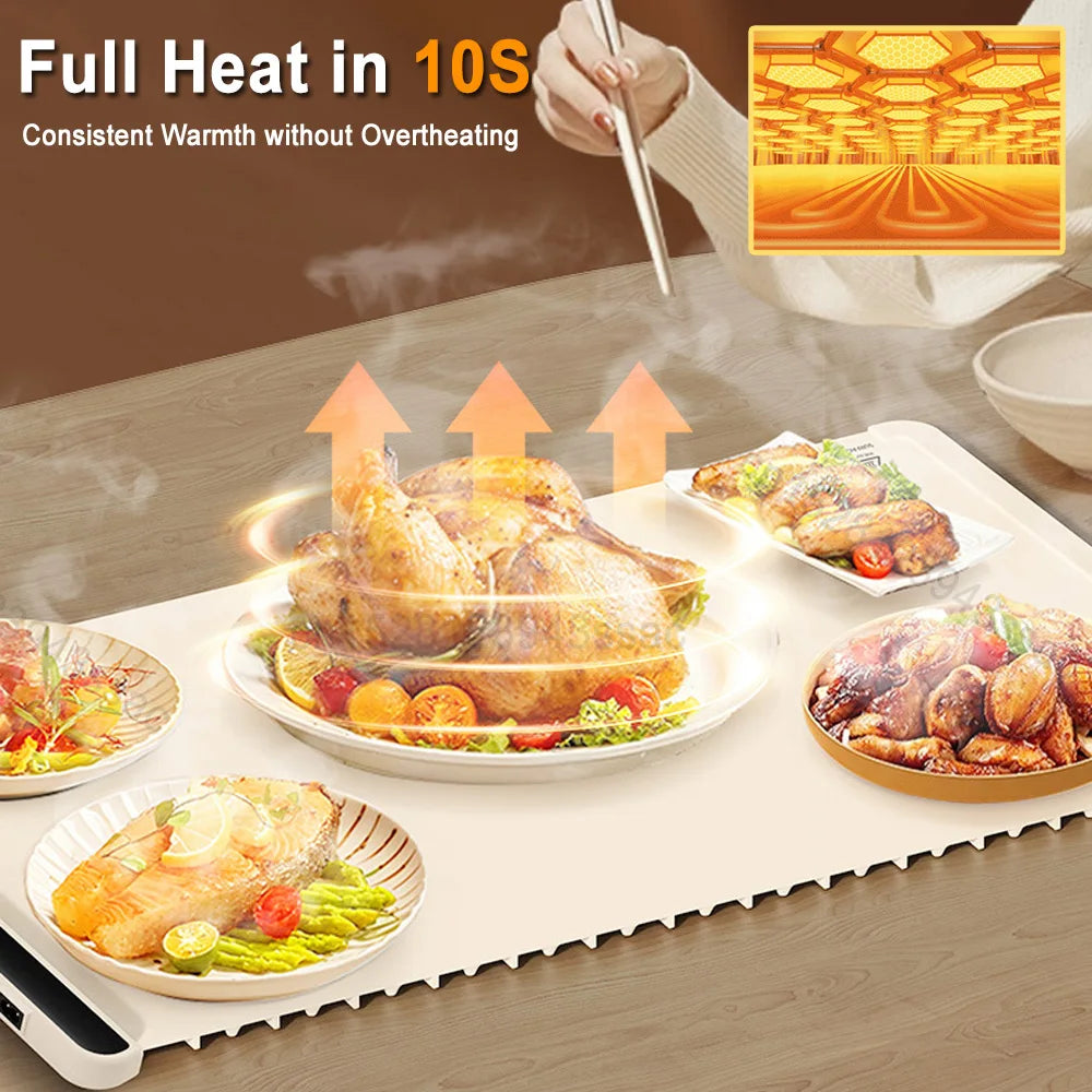 Electric Warming Tray Food Warm Plate with 3 Temperature Fast Full Surface Heating Mat Keep Food Hot Foldable Electric Warm Tray