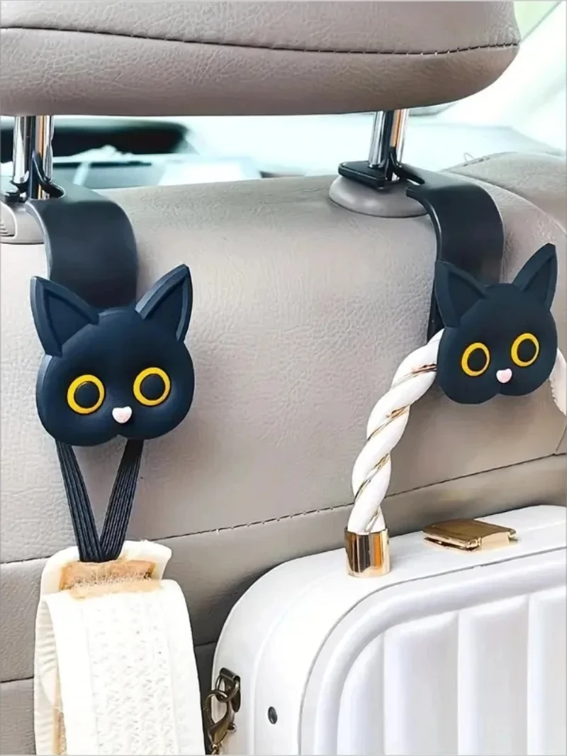 2pcs Adorable 3D Cartoon Cat Car Seat Headrest Hooks - Universal Vehicle Storage Organizer for Handbags, Purses, Coats - Cute Ca
