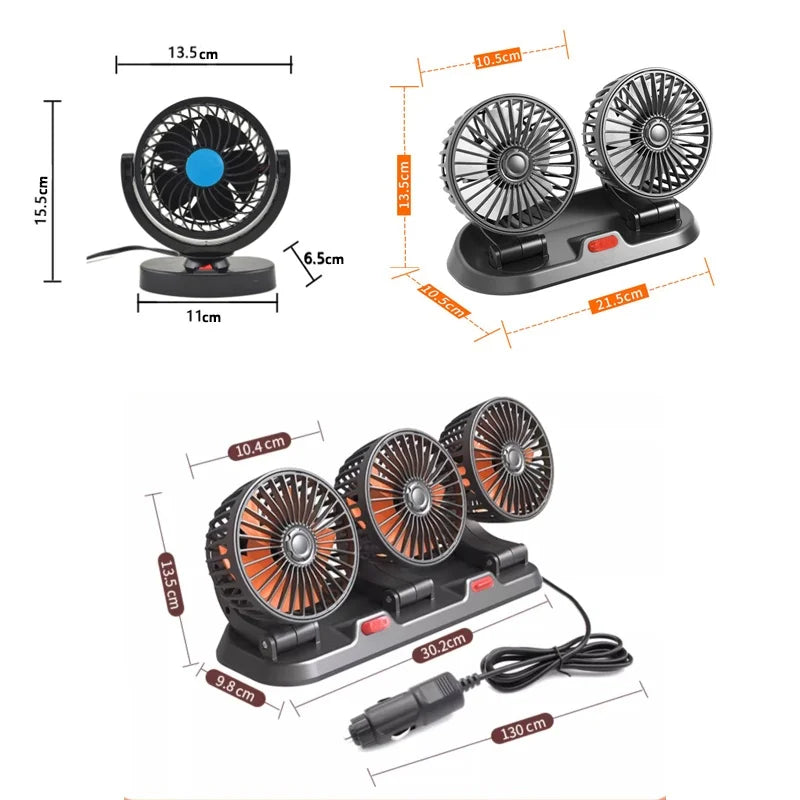Car Fan 360° Adjustable 3 Head Air Fan Automotive Electric Fan USB/12V/24V Fan 2 Speeds Car Silent Fan For Home Desk Office&Car