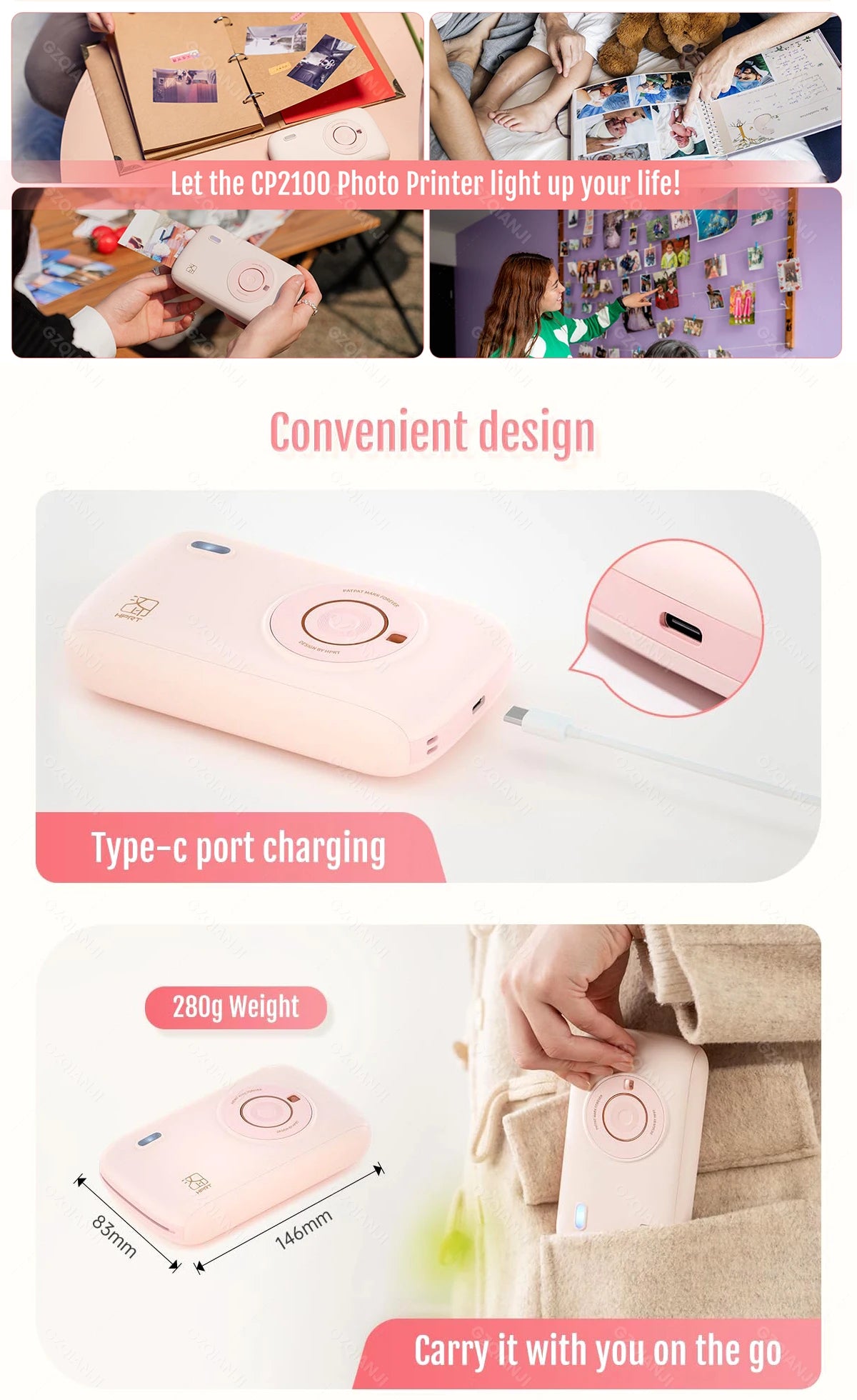 Portable Color Photo Printer Mini Pocket 300dpi Bluetooth for DIY Share Photo Picture Work Home CP2100 Machine 2x3 inch Papers