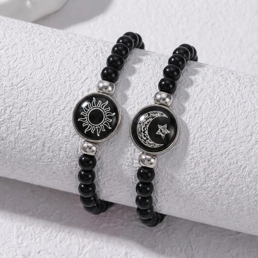 Classic Luminous Sun Moon Couple Bracelets for Women Handmade Black Beaded Matching Bracelets Charm Friendship Jewelry Gifts